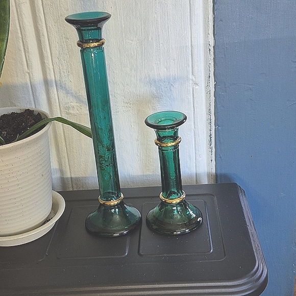 Glass Pillar Candlestick Holders Green/gold 6'/11' Universal Bud Vases Vintage - Picture 1 of 12